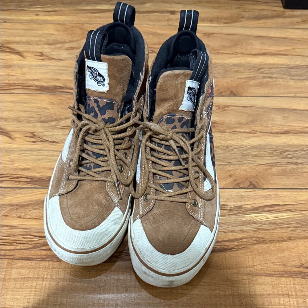 Vans Leopard Print High-Top Sneakers in Brown and White